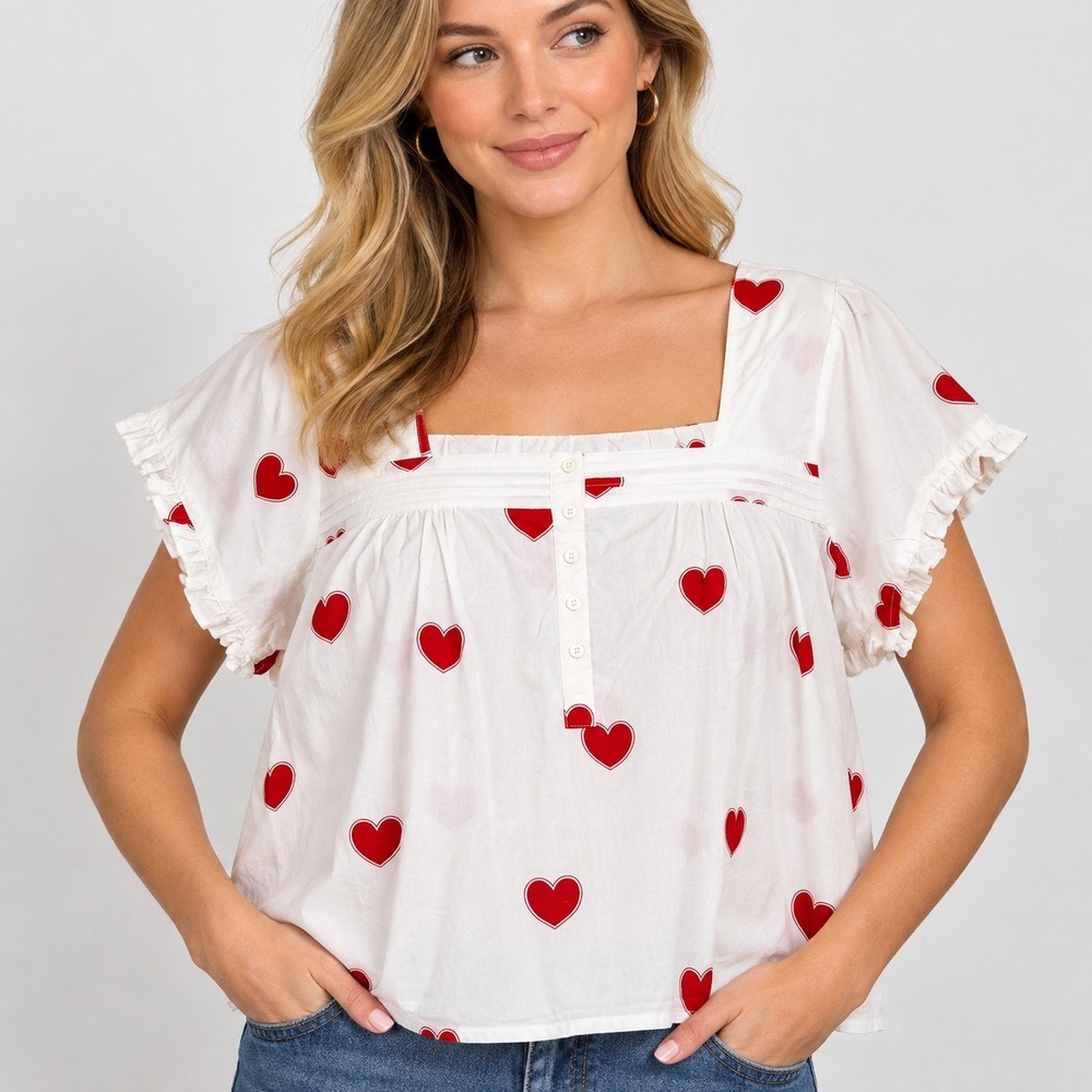 Printfresh Queen of Hearts Organic Cotton Pajama Top White Red XL